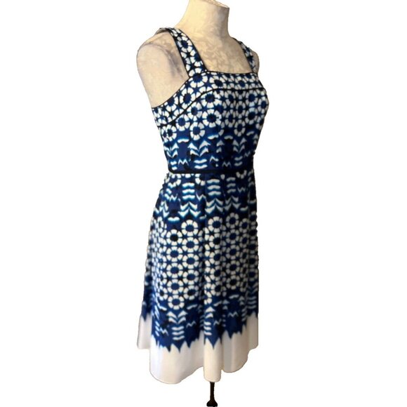 Adrianna Papell A Line Dress 4 Blue Black White Ikat Print Sleeveless Summer NEW - Picture 5 of 8